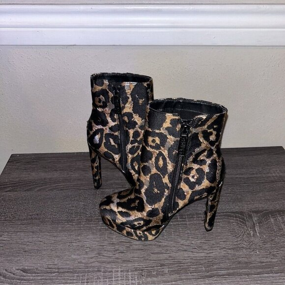 GUESS Dejah Black & Brown Leopard Print Zip Up Ankle Block Heel Boots Size 5 M - Picture 3 of 7
